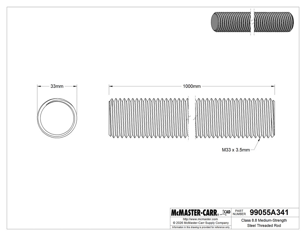Technical Drawing of Class 8.8 Medium-Strength Steel Threaded Rod, M33 x 3.5 mm Thread Size, 1 M Long.